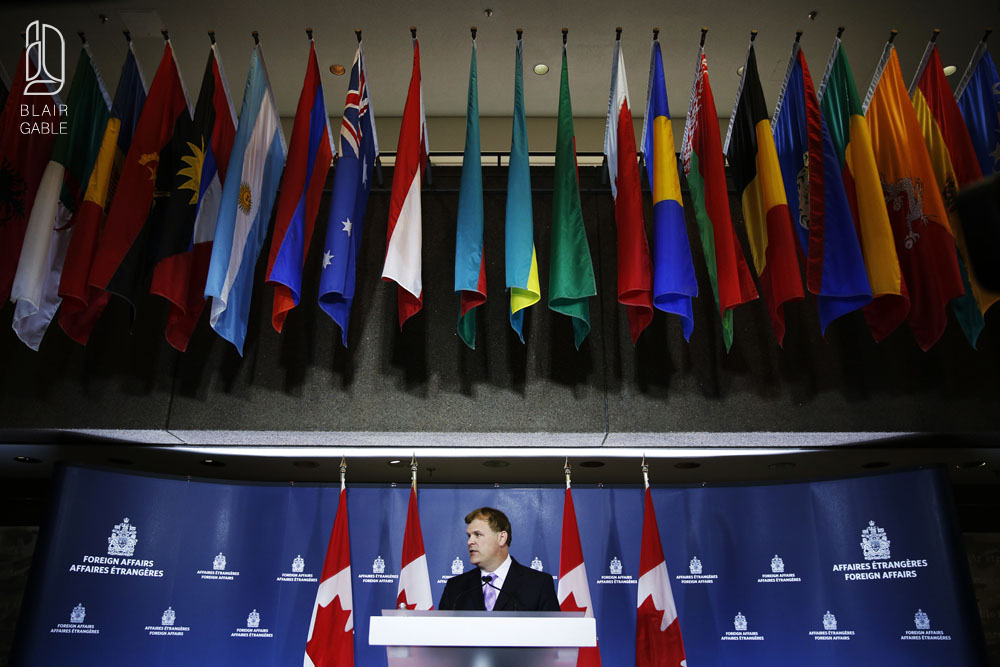 Minister of Foreign Affairs Baird speaks about the failed ceasefire between Israel and Hamas during a press conference in Ottawa