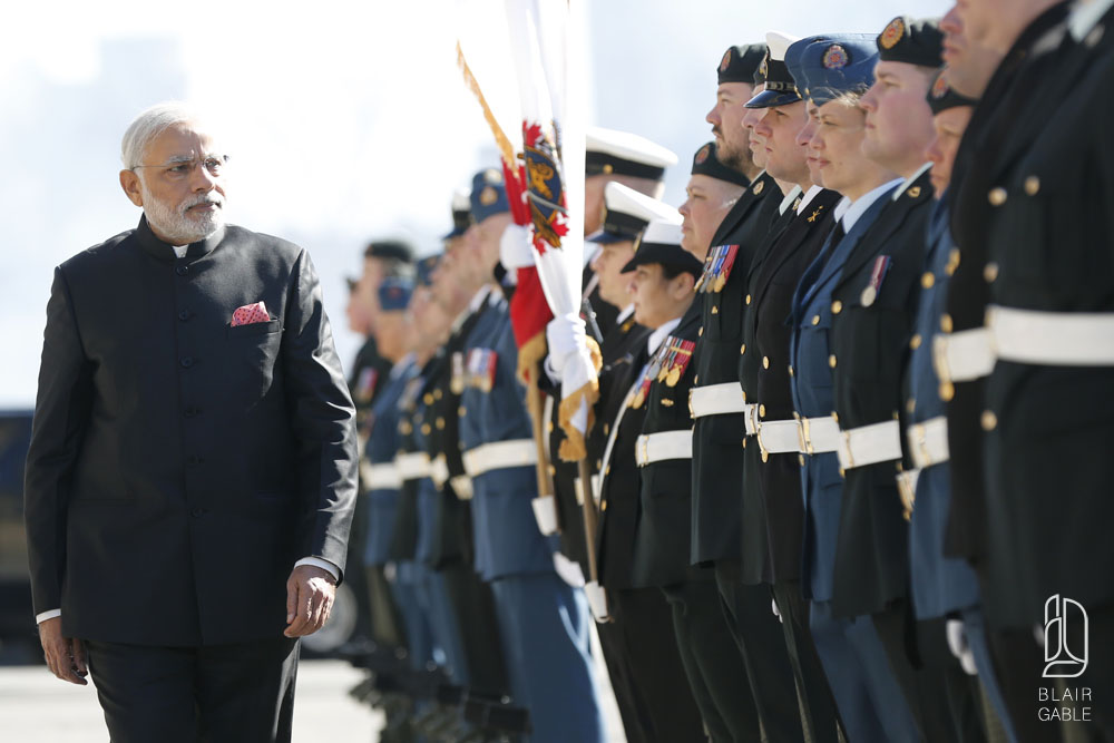 India's PM Modi inspects the Honour Guard on Parliament Hill in Ottawa