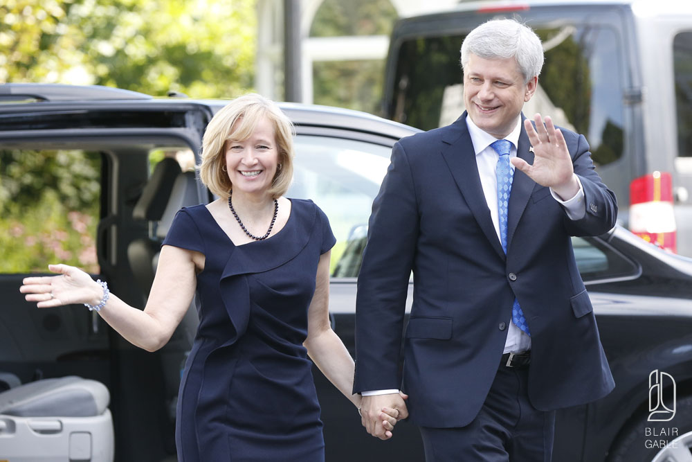 Canada's PM Harper, and wife Laureen, arrive at Rideau Hall to ask GG Johnston to dissolve Parliament, beginning the longest federal election campaign in recent history, in Ottawa