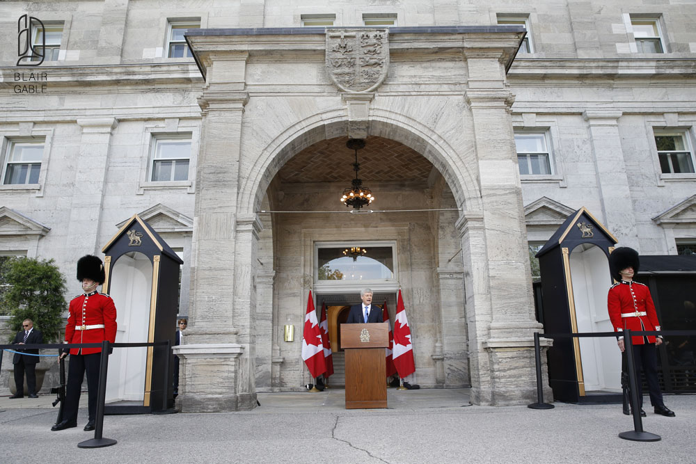 Canada's PM Harper takes part in a news conference at Rideau Hall after asking GG Johnston to dissolve Parliament, beginning the longest federal election campaign in recent history, in Ottawa
