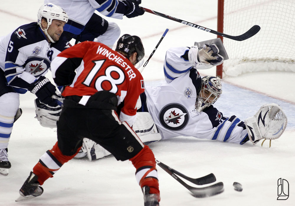 Ottawa Senators' Winchester stopped by Winnipeg Jets' goalie