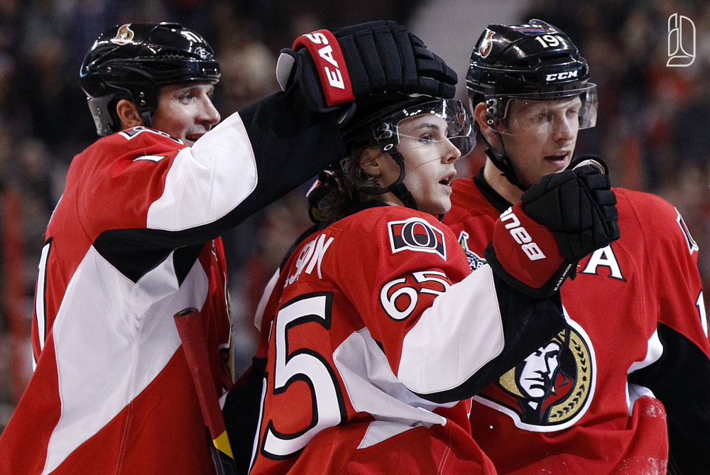 Ottawa Senators' Kuba, Karlsson and Spezza celebrate Michalek's goal