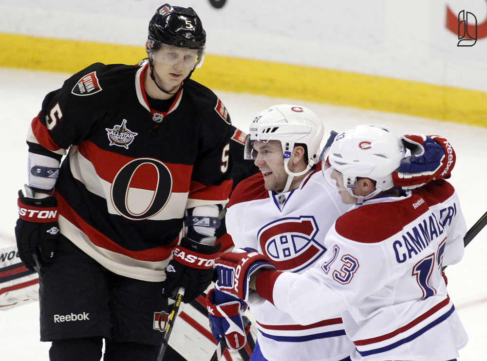 Canadiens' Desharnais, Cammalleri celebrate goal against Ottawa Senators