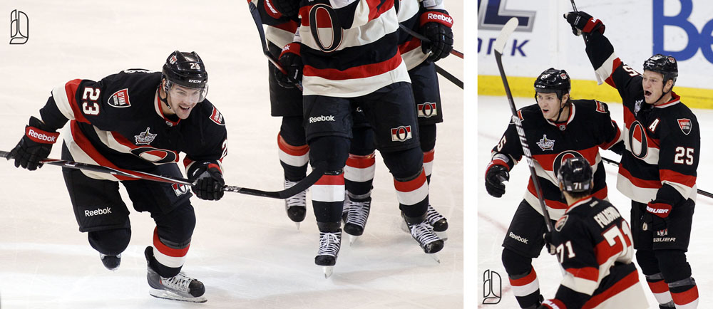 Ottawa Senators' Daugavins after scoring his first NHL goal against the Toronto Maple Leafs