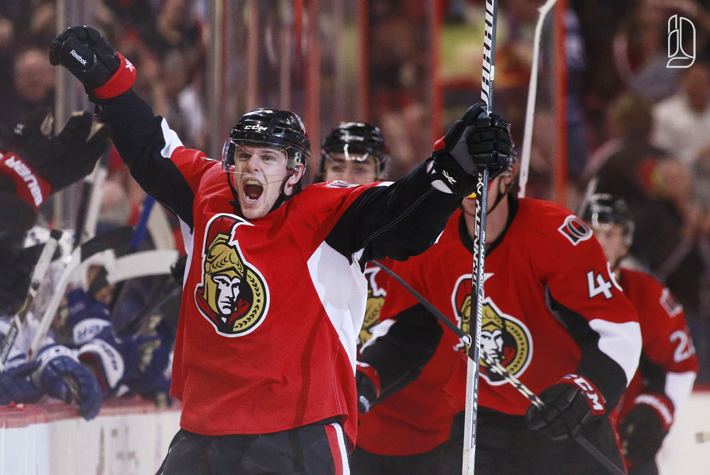 Ottawa Senators' Greening celebrates scoring the game winning goal
