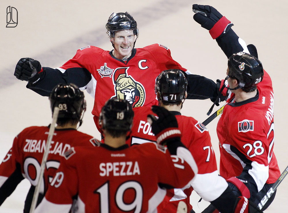 Ottawa Senators' Alfredsson celebrates game winning goal